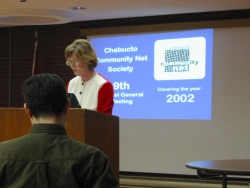 [Photo: Chebucto Chair Marilyn MacDonald at AGM 2002]  